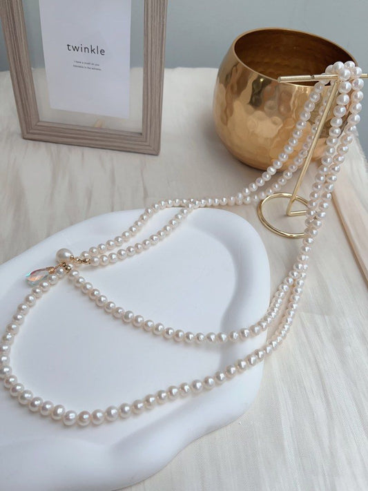 #PN660 Freshwater Pearl Necklace | 120cm Super Long Sweater Necklace | Lustrous | Pearl & Crystal Pendant | Multi Wear| 3-round| Open Ending