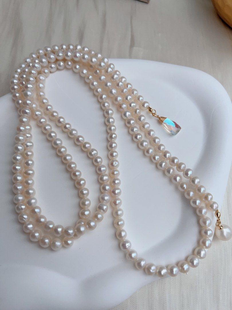 #PN660 Freshwater Pearl Necklace | 120cm Super Long Sweater Necklace | Lustrous | Pearl & Crystal Pendant | Multi Wear| 3-round| Open Ending