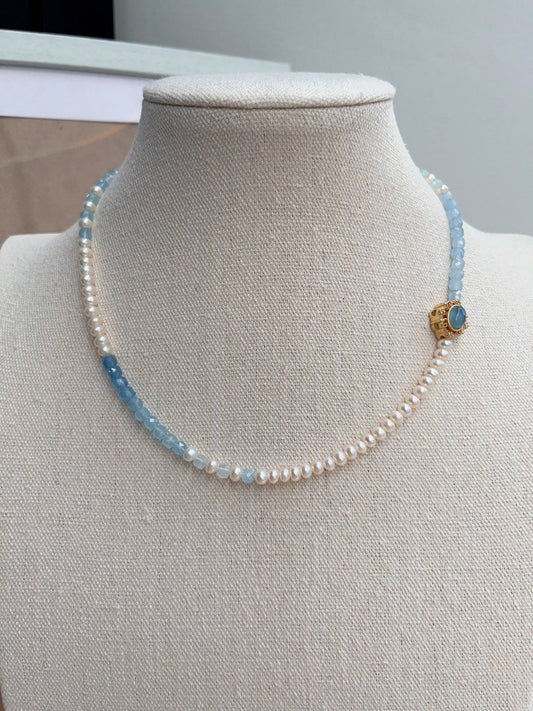#PN662 Freshwater Baby Pearl & Faceted Aquamarine Square Necklace | Gradient Shades| Aquamarine Magic Box| Unique Design