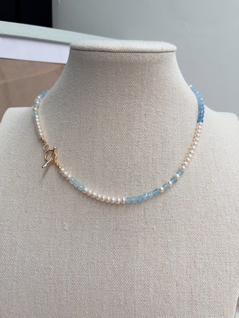 #PN662 Freshwater Baby Pearl & Faceted Aquamarine Square Necklace | Gradient Shades| Aquamarine Magic Box| Unique Design