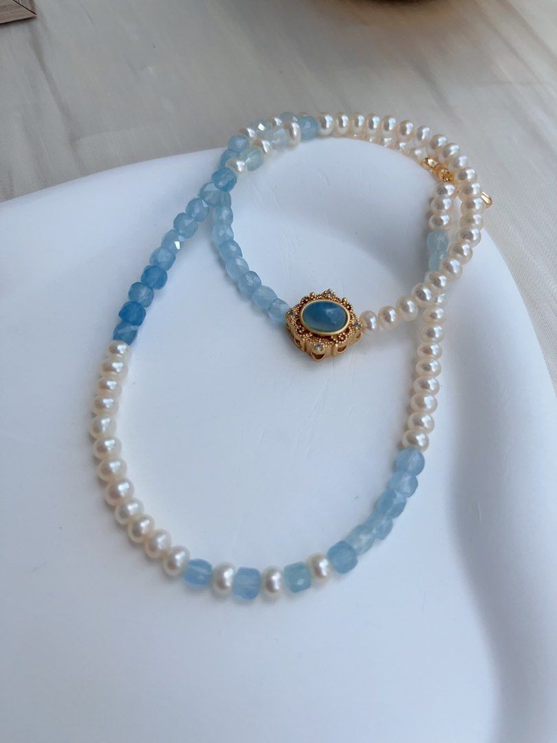 #PN662 Freshwater Baby Pearl & Faceted Aquamarine Square Necklace | Gradient Shades| Aquamarine Magic Box| Unique Design