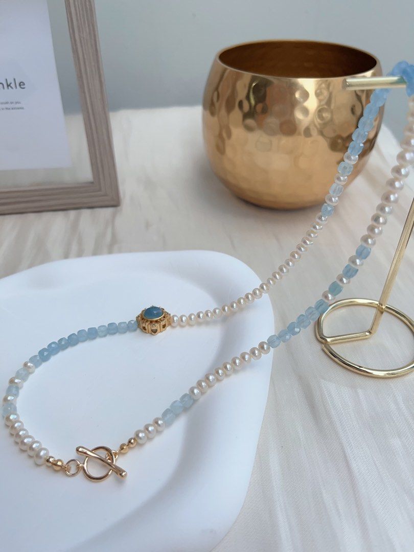 #PN662 Freshwater Baby Pearl & Faceted Aquamarine Square Necklace | Gradient Shades| Aquamarine Magic Box| Unique Design