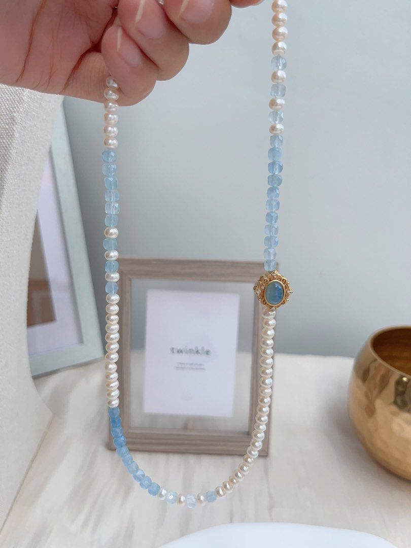 #PN662 Freshwater Baby Pearl & Faceted Aquamarine Square Necklace | Gradient Shades| Aquamarine Magic Box| Unique Design