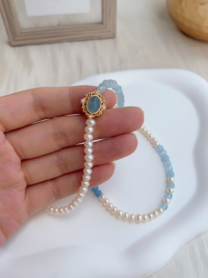 #PN662 Freshwater Baby Pearl & Faceted Aquamarine Square Necklace | Gradient Shades| Aquamarine Magic Box| Unique Design