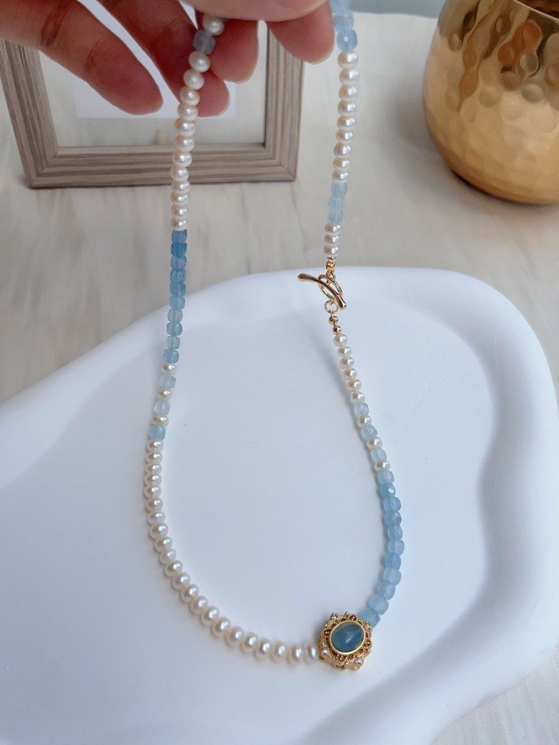 #PN662 Freshwater Baby Pearl & Faceted Aquamarine Square Necklace | Gradient Shades| Aquamarine Magic Box| Unique Design