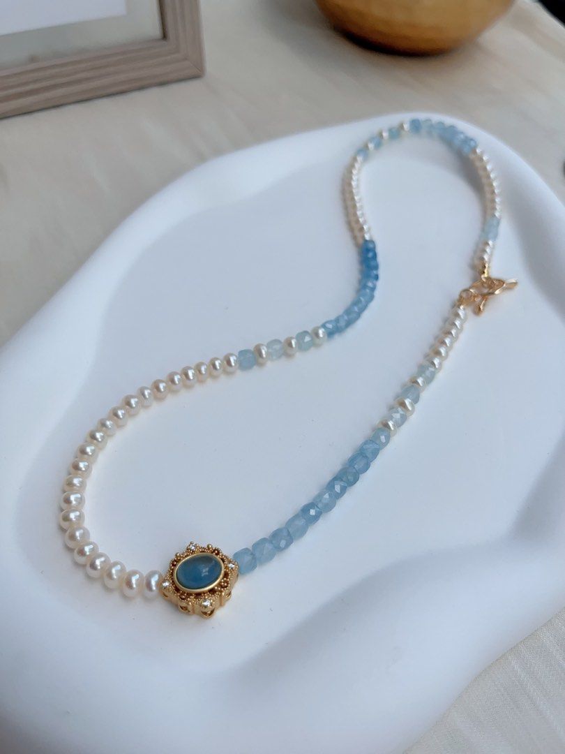 #PN662 Freshwater Baby Pearl & Faceted Aquamarine Square Necklace | Gradient Shades| Aquamarine Magic Box| Unique Design