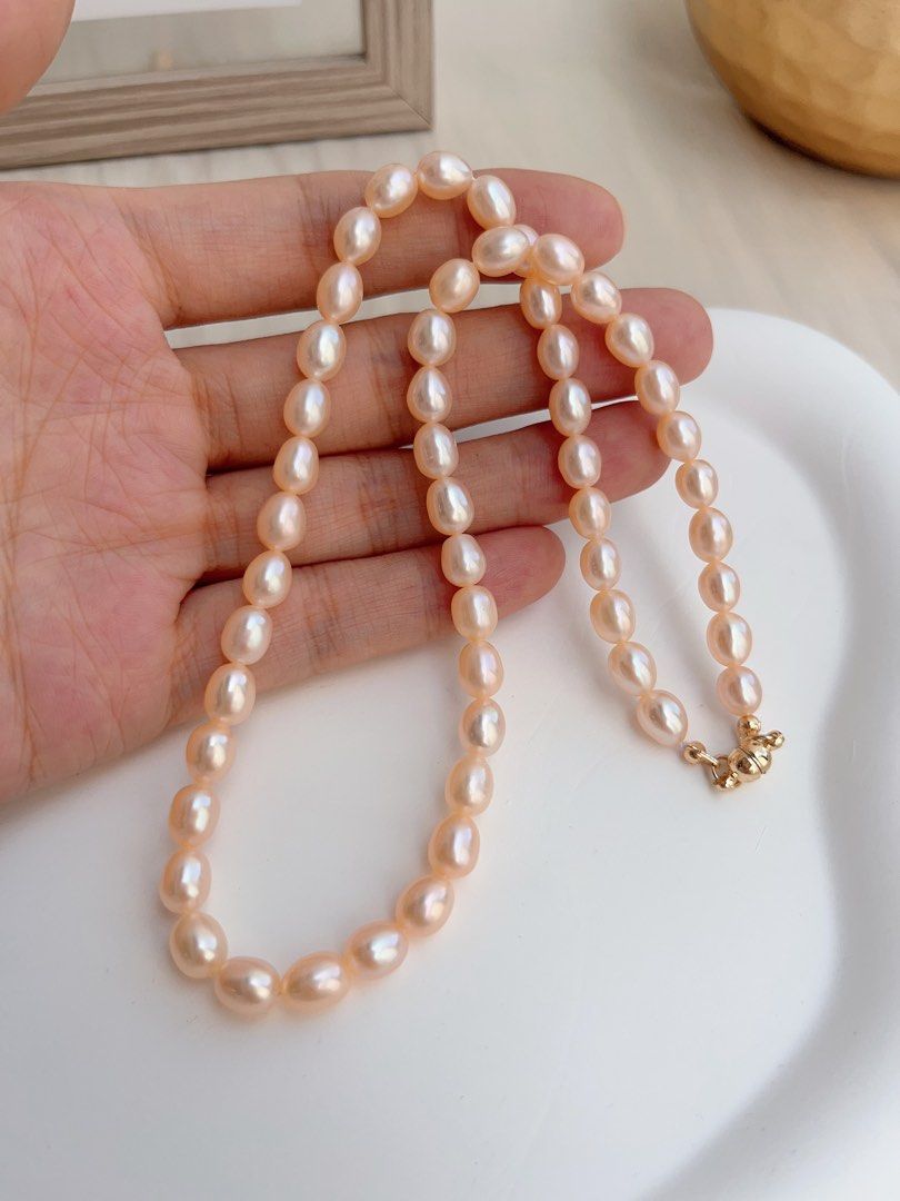 #PN663 Freshwater Pearl Necklace | Champagne Pink Rice Pearl| Superb Lustre | Magnetic Clasp