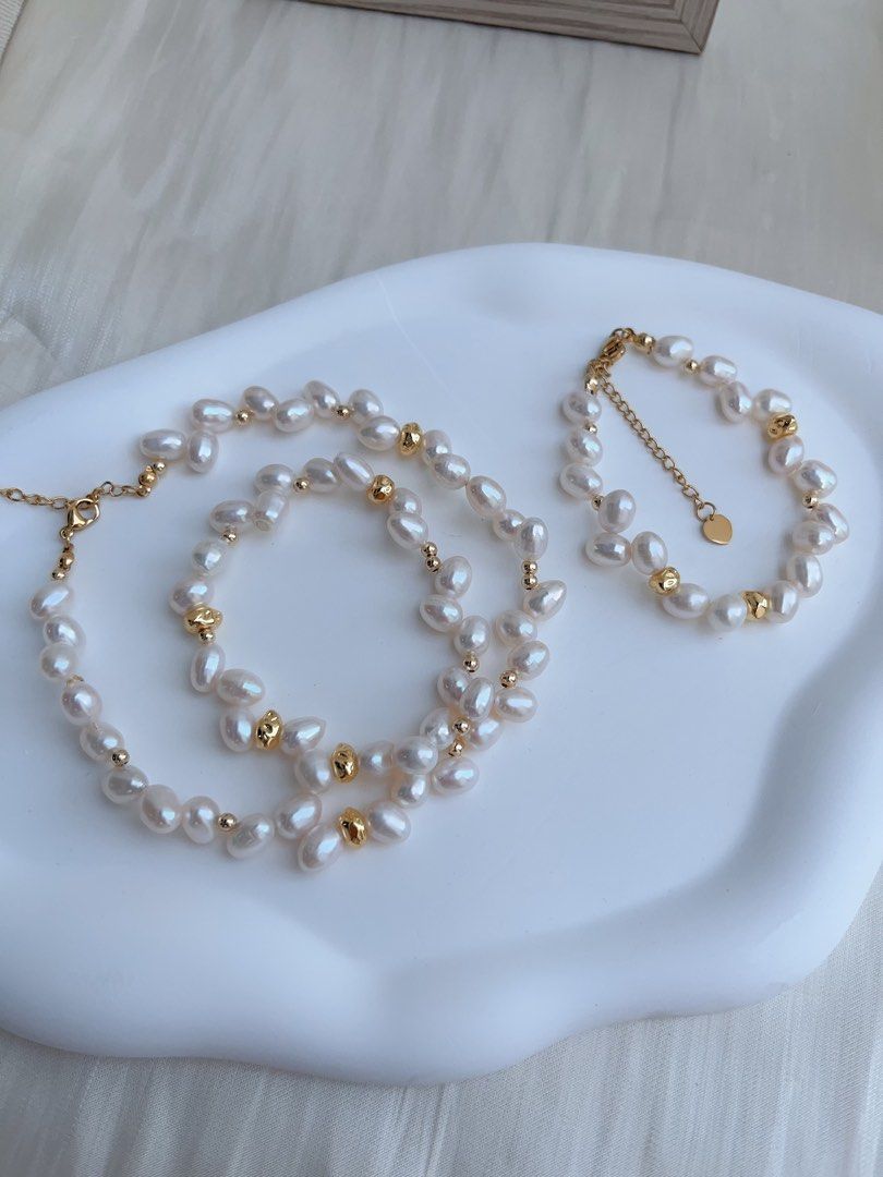 #PN664 Freshwater Pearl Necklace & Bracelet Set | Wheat Ear Design| Unique | Lustrous