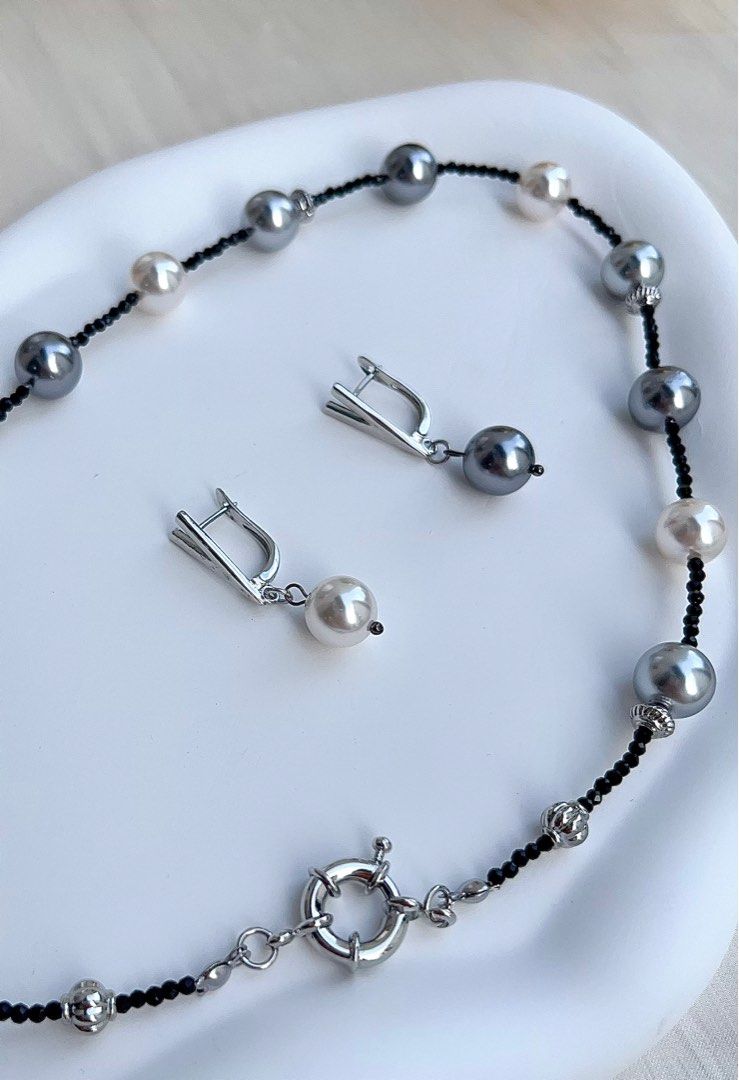 #PN665 Swarovski Artificial Pearl Necklace & Earrings Set| White, Light&Dark Grey| Original Design | Black Spinel Beads