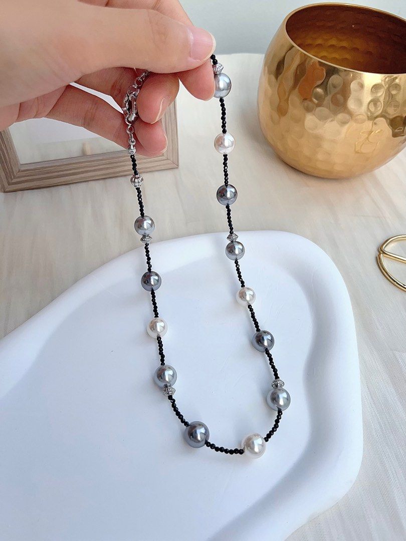 #PN665 Swarovski Artificial Pearl Necklace & Earrings Set| White, Light&Dark Grey| Original Design | Black Spinel Beads