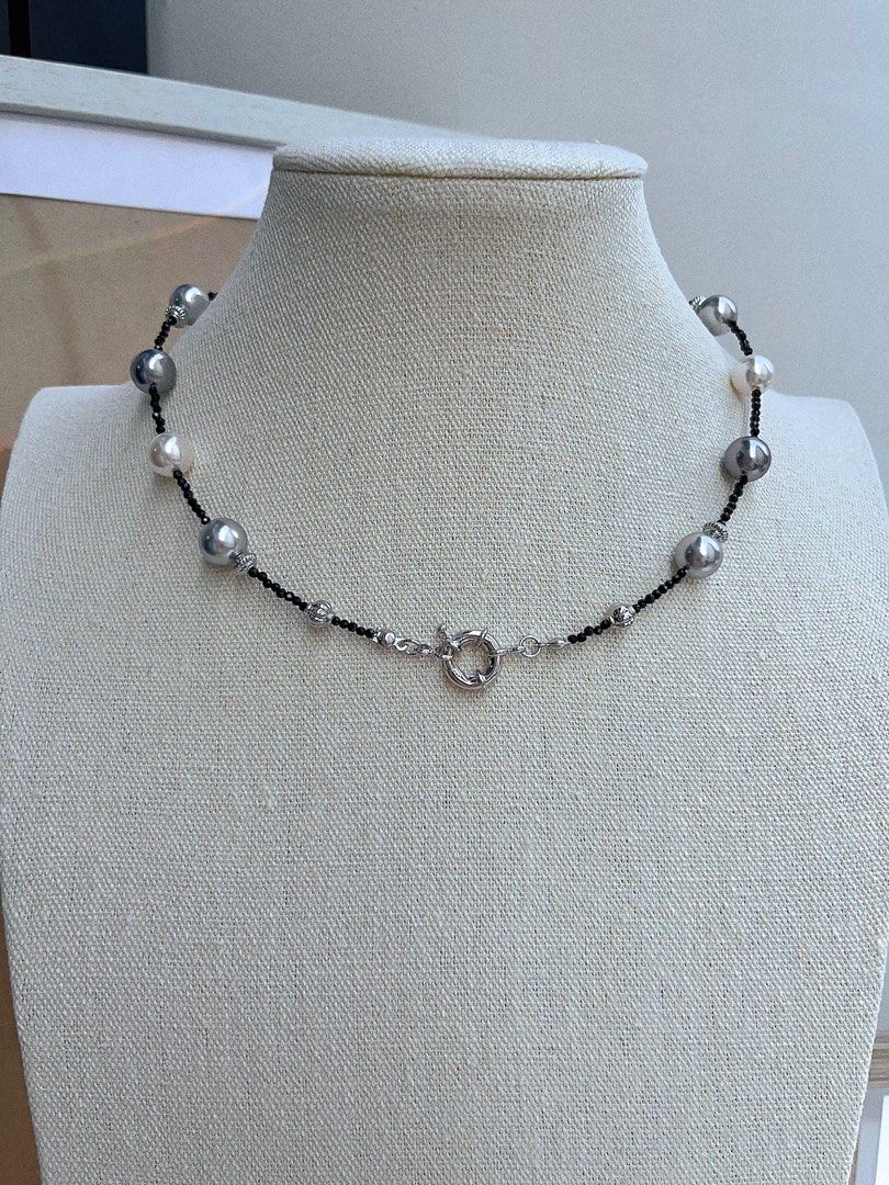 #PN665 Swarovski Artificial Pearl Necklace & Earrings Set| White, Light&Dark Grey| Original Design | Black Spinel Beads