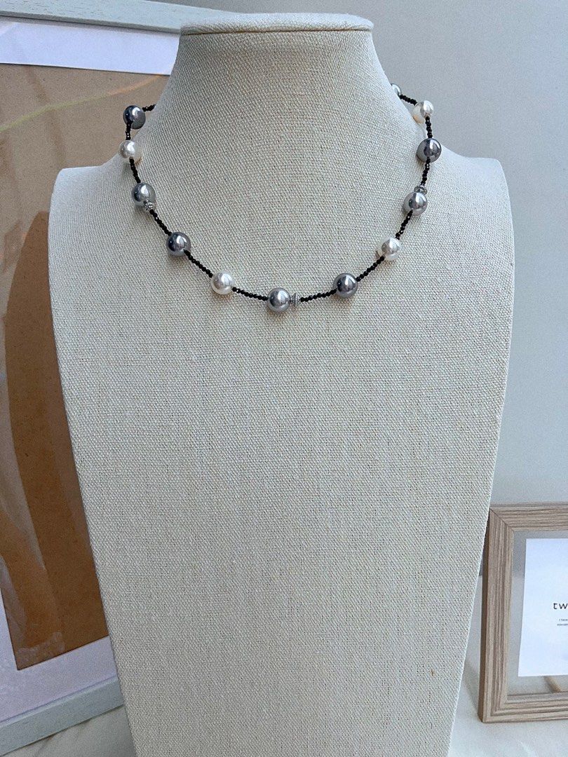 #PN665 Swarovski Artificial Pearl Necklace & Earrings Set| White, Light&Dark Grey| Original Design | Black Spinel Beads