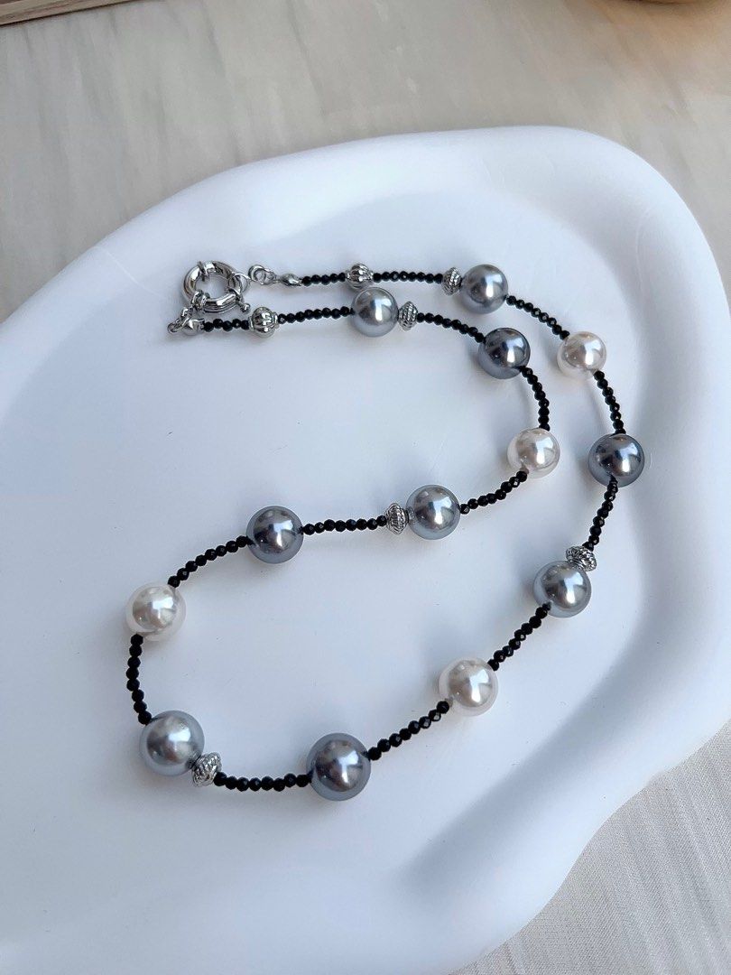 #PN665 Swarovski Artificial Pearl Necklace & Earrings Set| White, Light&Dark Grey| Original Design | Black Spinel Beads