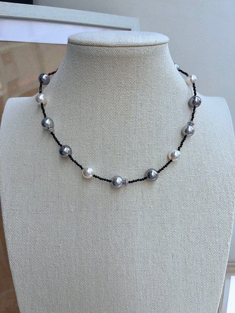 #PN665 Swarovski Artificial Pearl Necklace & Earrings Set| White, Light&Dark Grey| Original Design | Black Spinel Beads