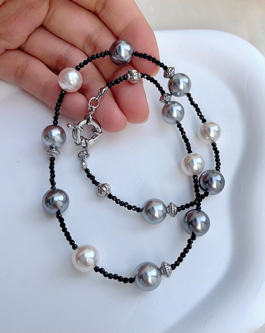 #PN665 Swarovski Artificial Pearl Necklace & Earrings Set| White, Light&Dark Grey| Original Design | Black Spinel Beads