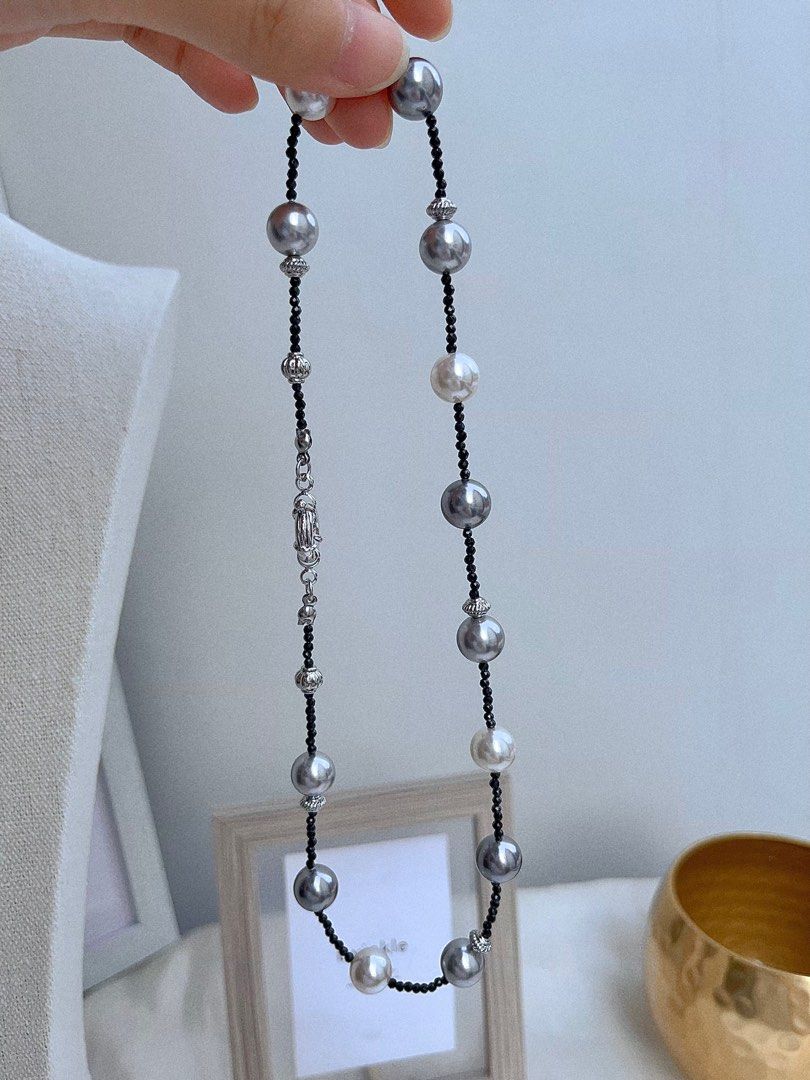 #PN665 Swarovski Artificial Pearl Necklace & Earrings Set| White, Light&Dark Grey| Original Design | Black Spinel Beads