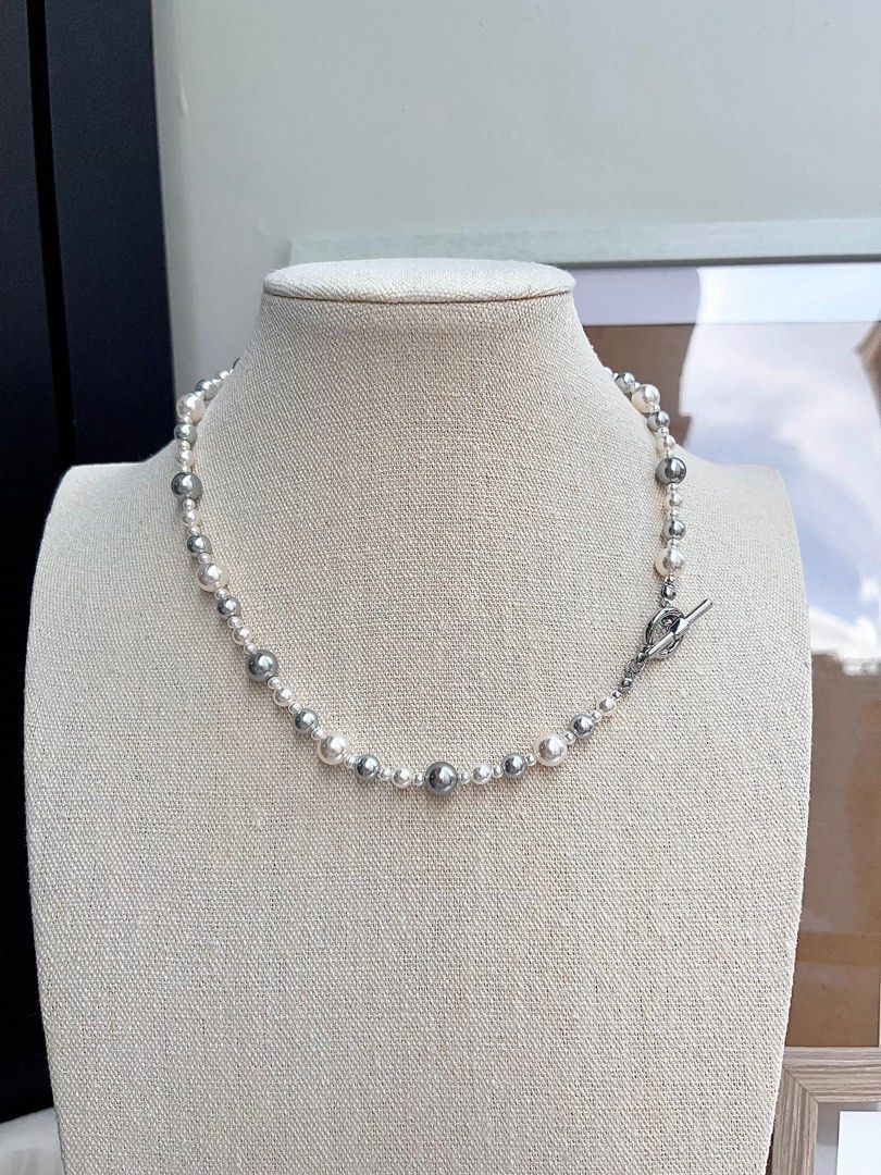 #PN666 Swarovski Artificial Pearl Necklace & Earrings Set | White & Light Grey Pearl| Elegant
