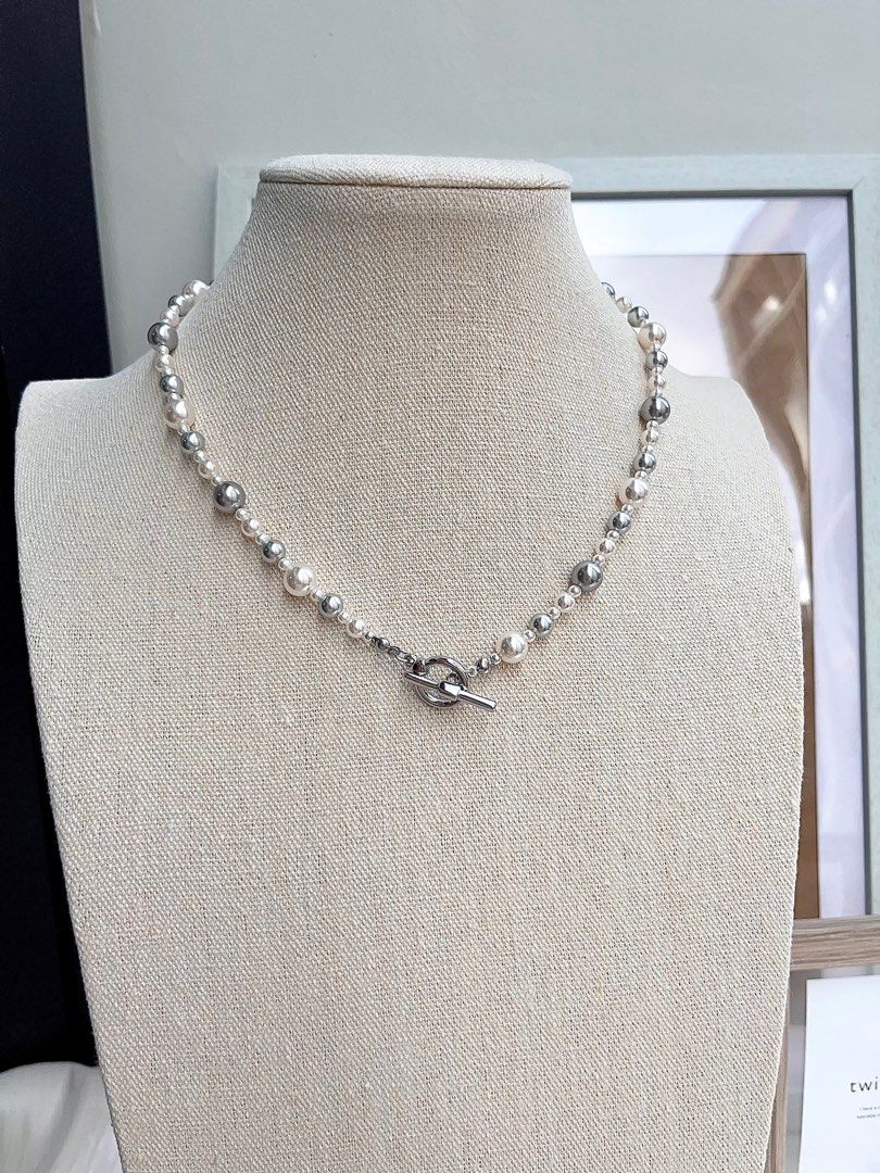 #PN666 Swarovski Artificial Pearl Necklace & Earrings Set | White & Light Grey Pearl| Elegant