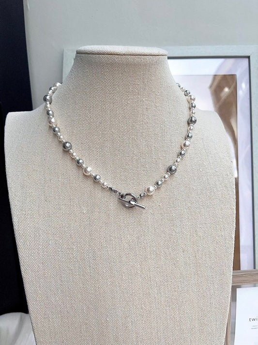 #PN666 Swarovski Artificial Pearl Necklace & Earrings Set | White & Light Grey Pearl| Elegant