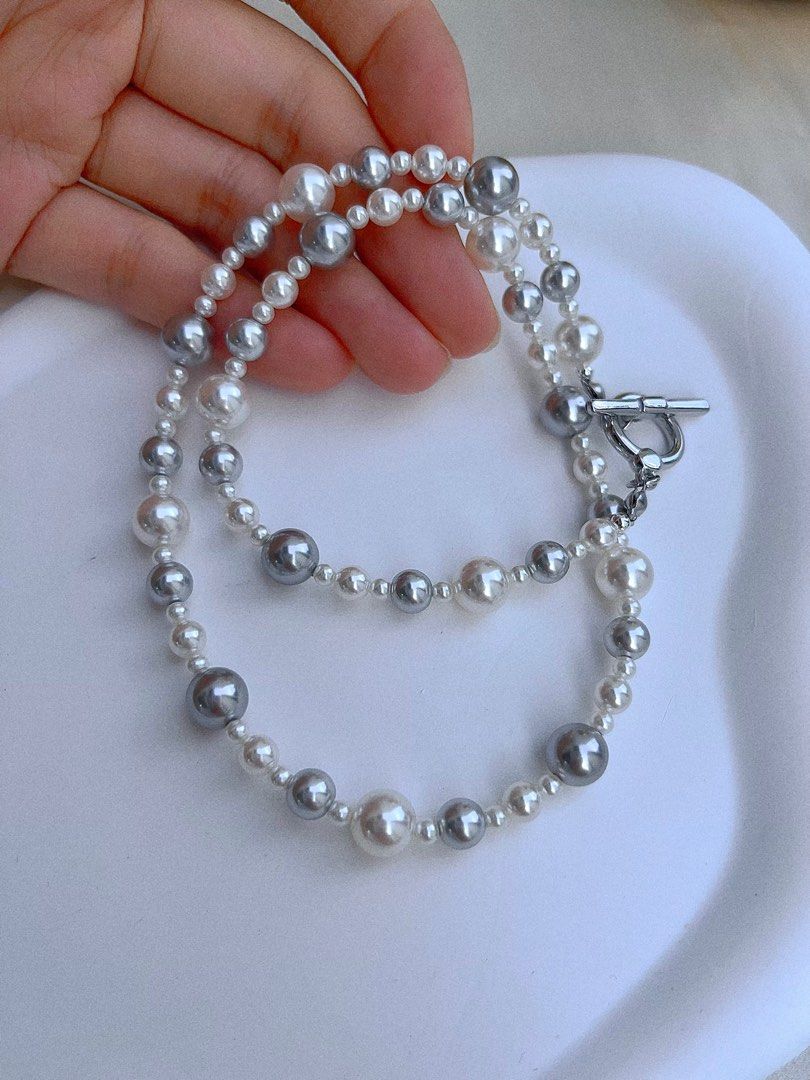 #PN666 Swarovski Artificial Pearl Necklace & Earrings Set | White & Light Grey Pearl| Elegant