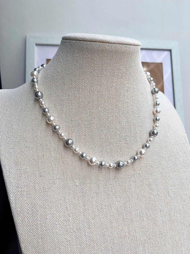 #PN666 Swarovski Artificial Pearl Necklace & Earrings Set | White & Light Grey Pearl| Elegant