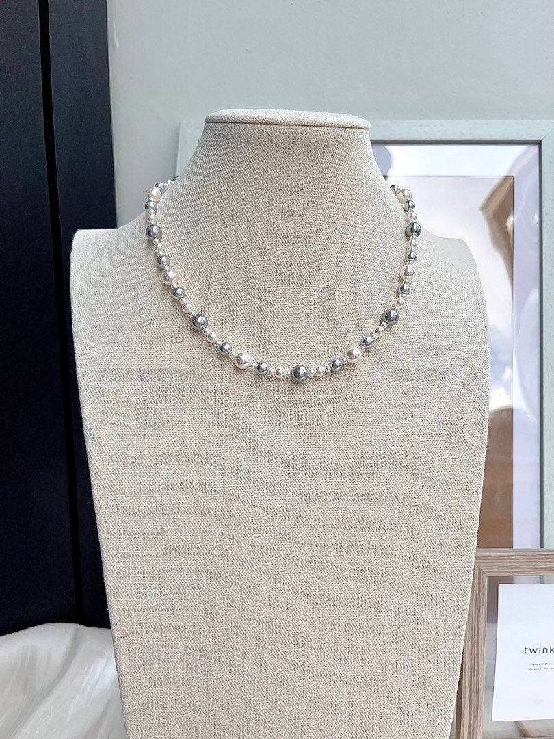 #PN666 Swarovski Artificial Pearl Necklace & Earrings Set | White & Light Grey Pearl| Elegant