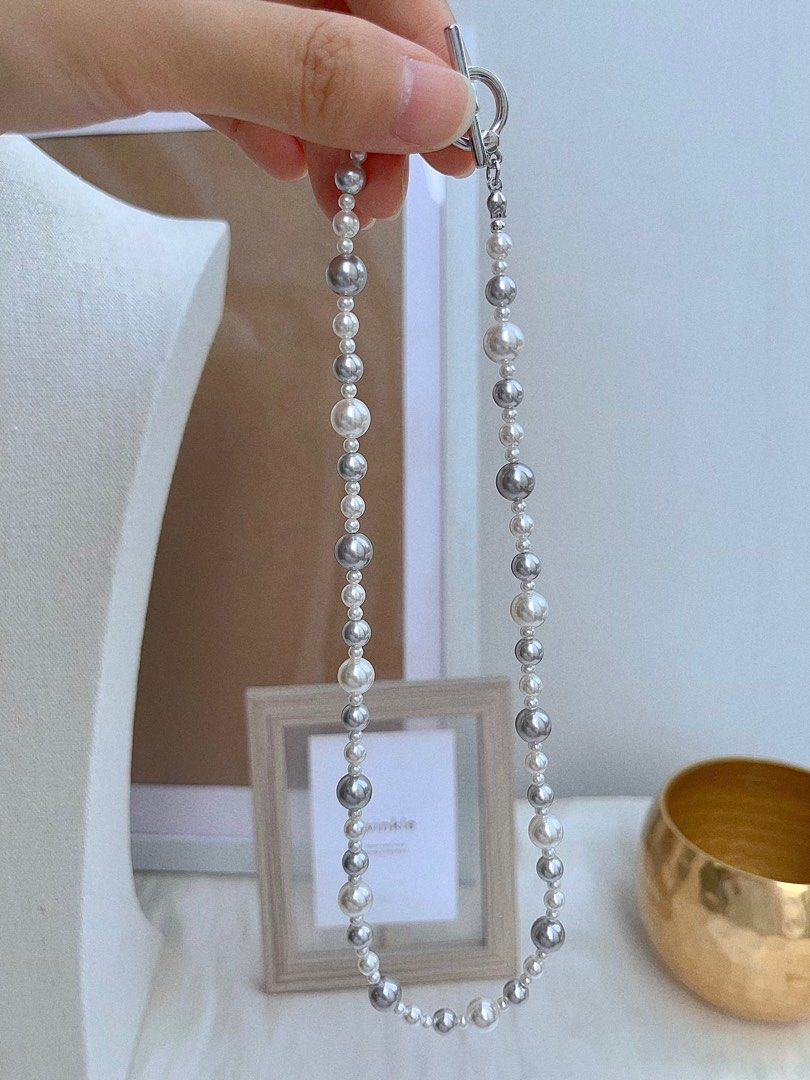 #PN666 Swarovski Artificial Pearl Necklace & Earrings Set | White & Light Grey Pearl| Elegant