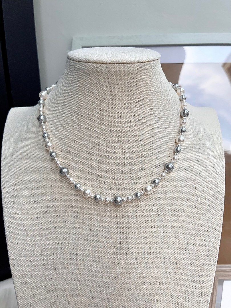 #PN666 Swarovski Artificial Pearl Necklace & Earrings Set | White & Light Grey Pearl| Elegant