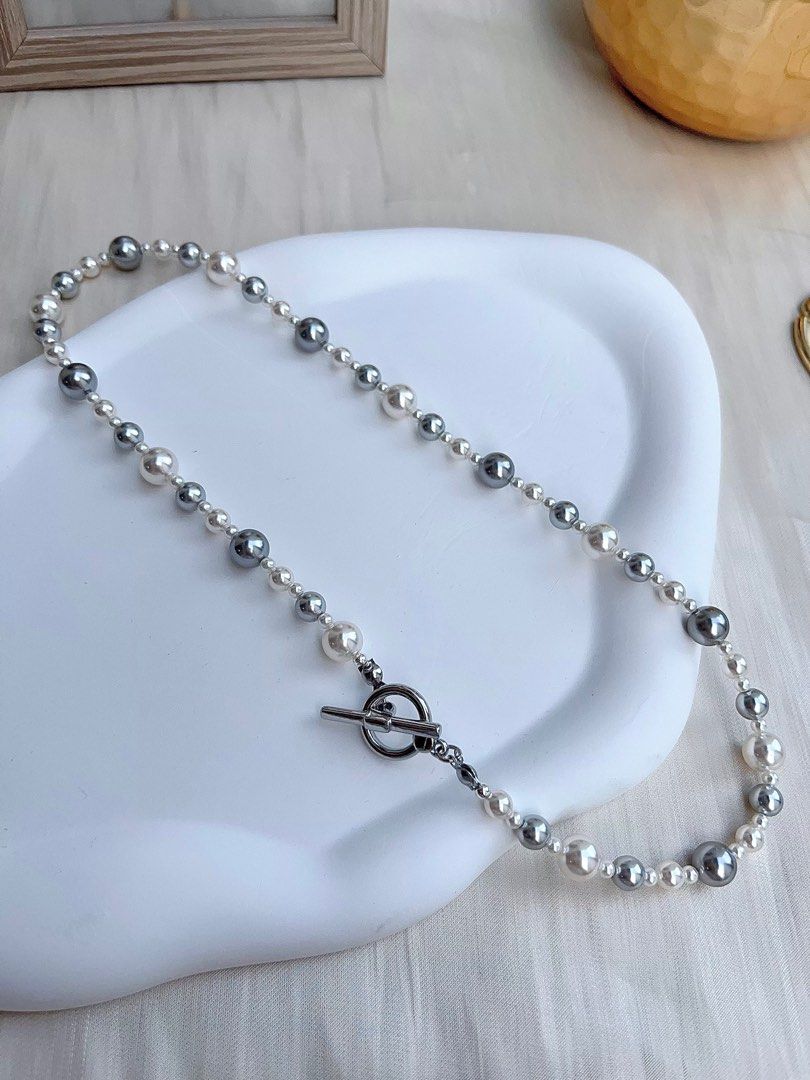 #PN666 Swarovski Artificial Pearl Necklace & Earrings Set | White & Light Grey Pearl| Elegant