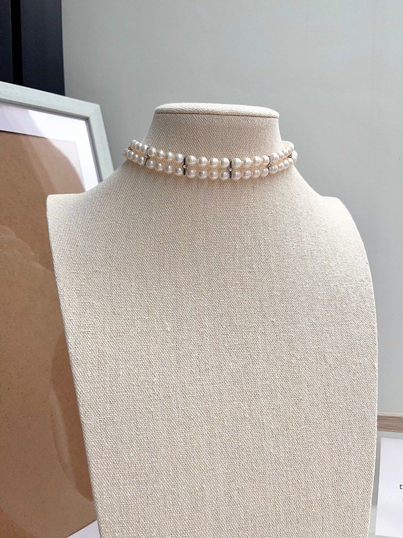 #PN667 Freshwater Pearl Choker Necklace | Double Layered | Braided | Zircon| 33cm Choker| High Quality Pearl| Cold Lustre| Cool Silver