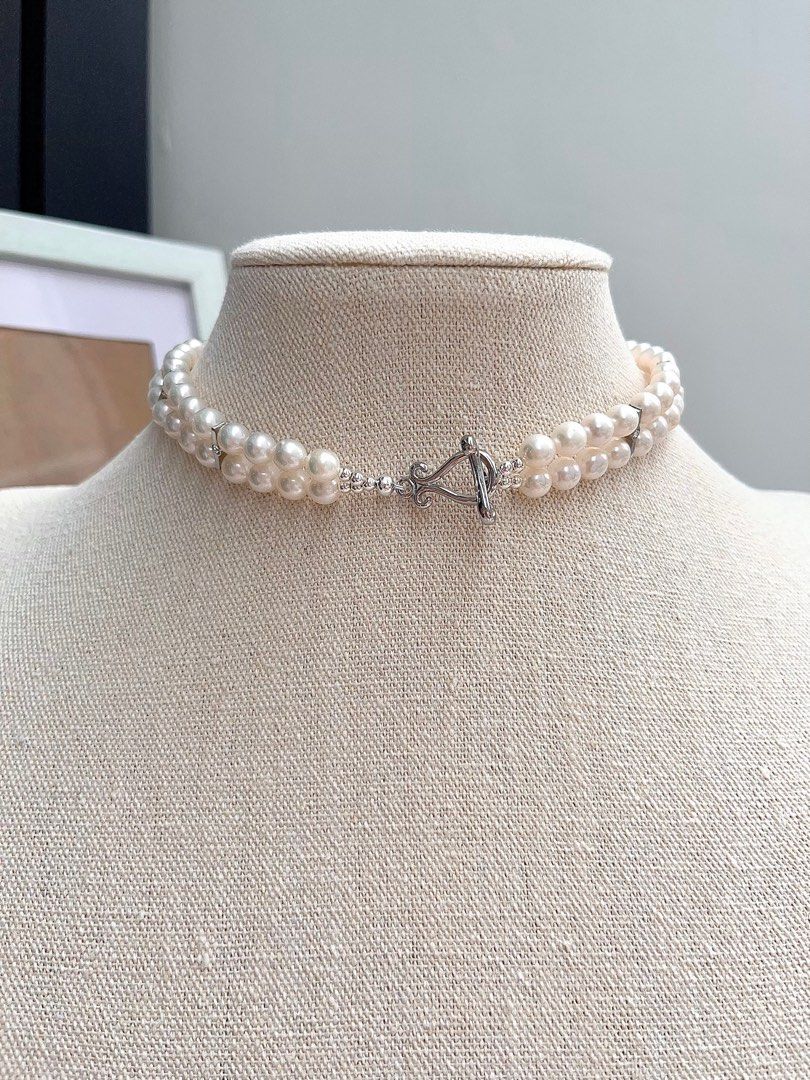 #PN667 Freshwater Pearl Choker Necklace | Double Layered | Braided | Zircon| 33cm Choker| High Quality Pearl| Cold Lustre| Cool Silver
