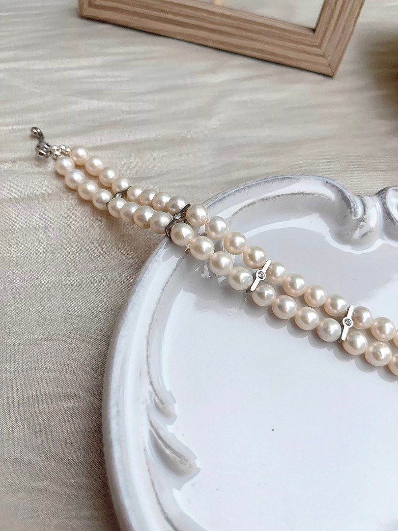 #PN667 Freshwater Pearl Choker Necklace | Double Layered | Braided | Zircon| 33cm Choker| High Quality Pearl| Cold Lustre| Cool Silver