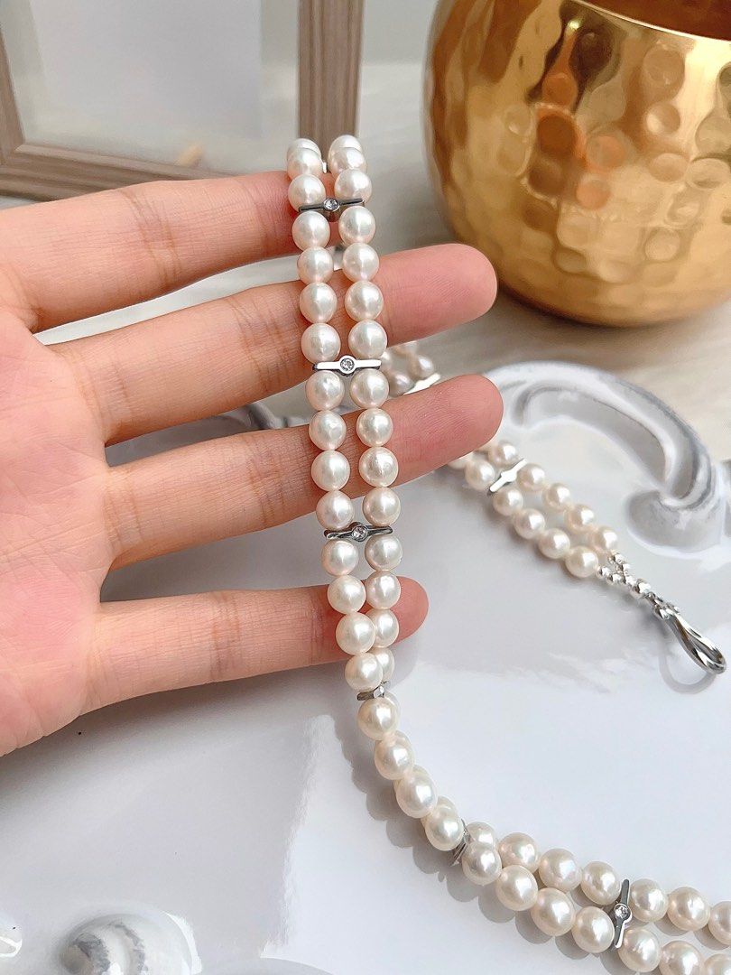 #PN667 Freshwater Pearl Choker Necklace | Double Layered | Braided | Zircon| 33cm Choker| High Quality Pearl| Cold Lustre| Cool Silver