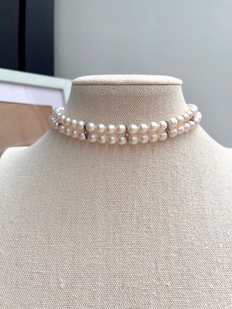 #PN667 Freshwater Pearl Choker Necklace | Double Layered | Braided | Zircon| 33cm Choker| High Quality Pearl| Cold Lustre| Cool Silver