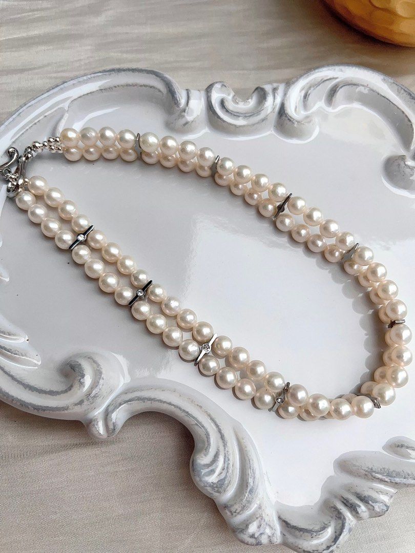 #PN667 Freshwater Pearl Choker Necklace | Double Layered | Braided | Zircon| 33cm Choker| High Quality Pearl| Cold Lustre| Cool Silver