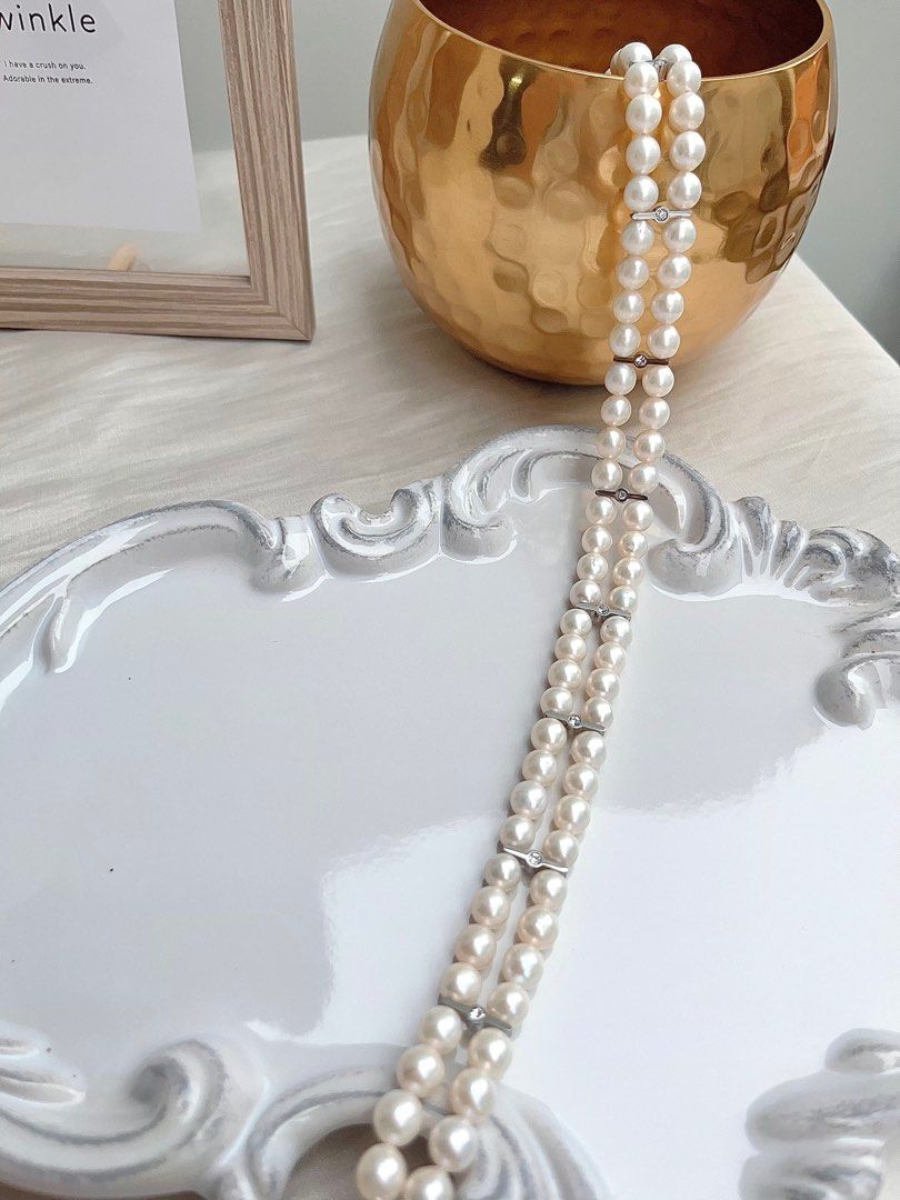 #PN667 Freshwater Pearl Choker Necklace | Double Layered | Braided | Zircon| 33cm Choker| High Quality Pearl| Cold Lustre| Cool Silver