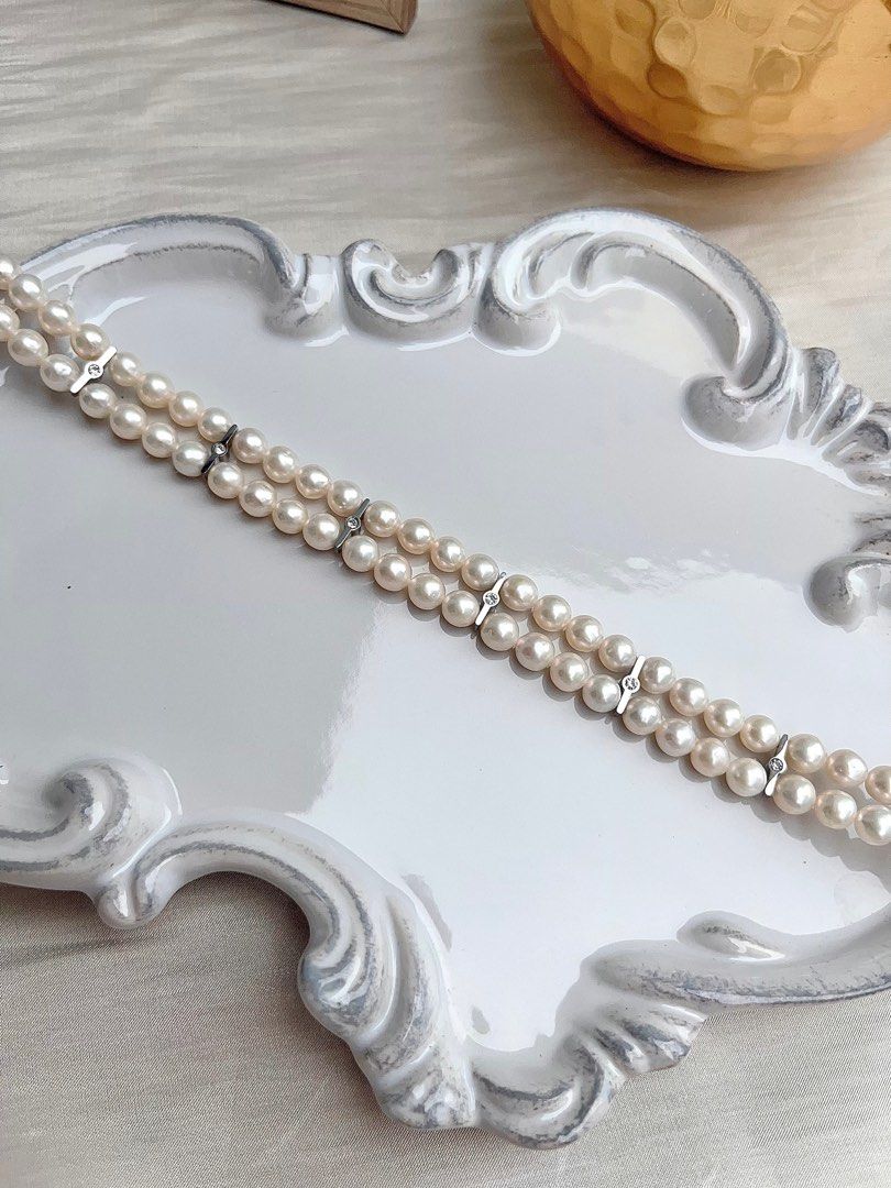 #PN667 Freshwater Pearl Choker Necklace | Double Layered | Braided | Zircon| 33cm Choker| High Quality Pearl| Cold Lustre| Cool Silver
