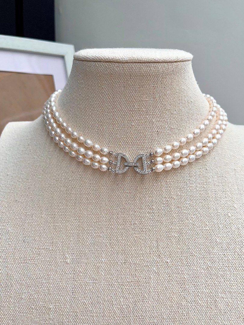 #PN668 Freshwater Pearl Necklace | Yellow Heart| 3-layer| Big Green-Yellow Mica| Lustrous Rice Pearl | Supreme Elegance | Unique