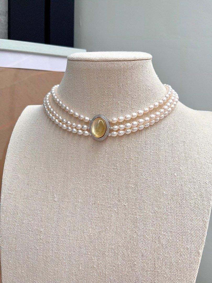#PN668 Freshwater Pearl Necklace | Yellow Heart| 3-layer| Big Green-Yellow Mica| Lustrous Rice Pearl | Supreme Elegance | Unique