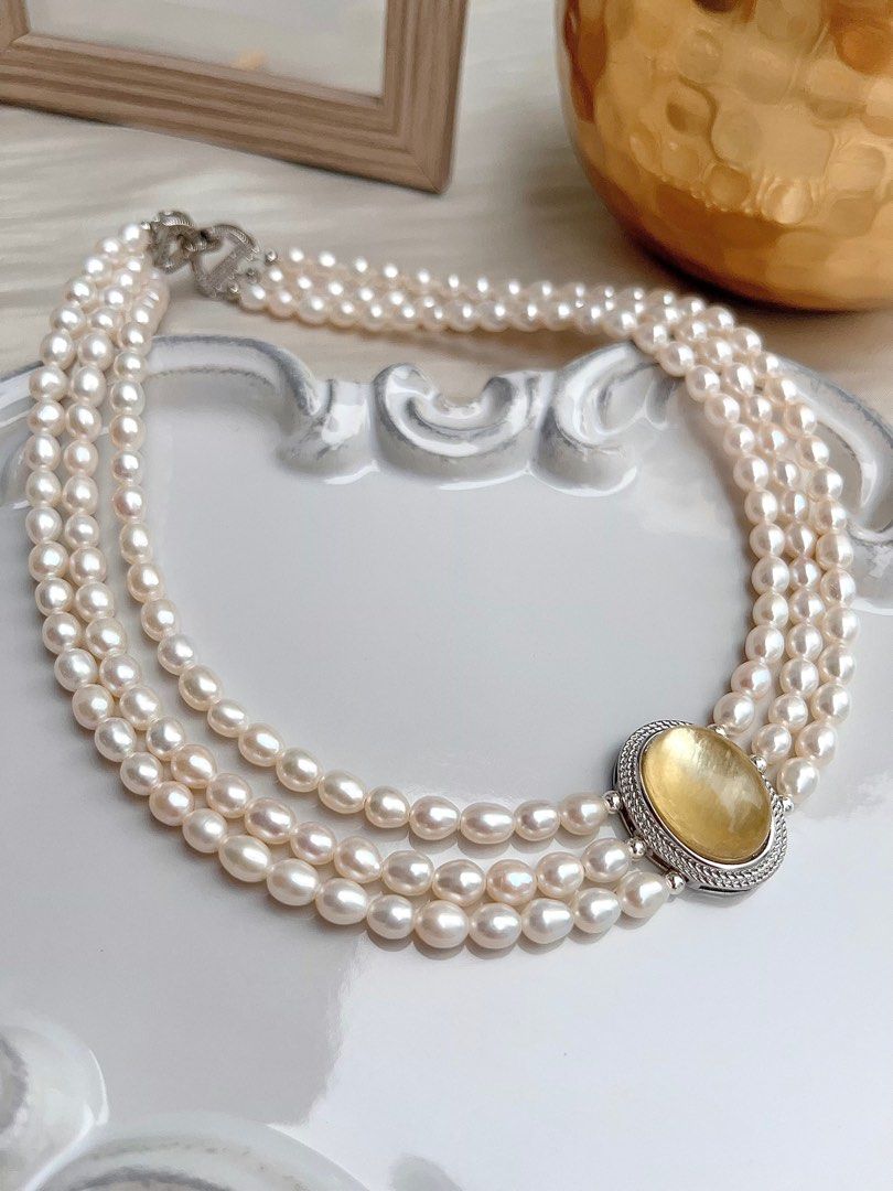 #PN668 Freshwater Pearl Necklace | Yellow Heart| 3-layer| Big Green-Yellow Mica| Lustrous Rice Pearl | Supreme Elegance | Unique