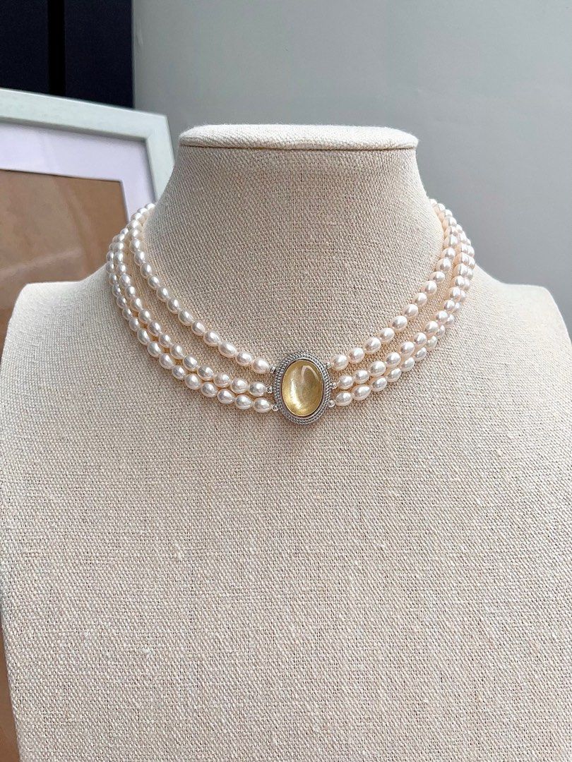#PN668 Freshwater Pearl Necklace | Yellow Heart| 3-layer| Big Green-Yellow Mica| Lustrous Rice Pearl | Supreme Elegance | Unique
