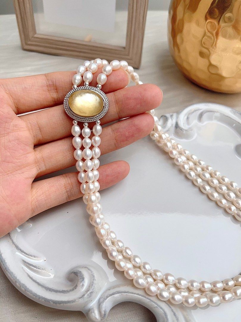#PN668 Freshwater Pearl Necklace | Yellow Heart| 3-layer| Big Green-Yellow Mica| Lustrous Rice Pearl | Supreme Elegance | Unique