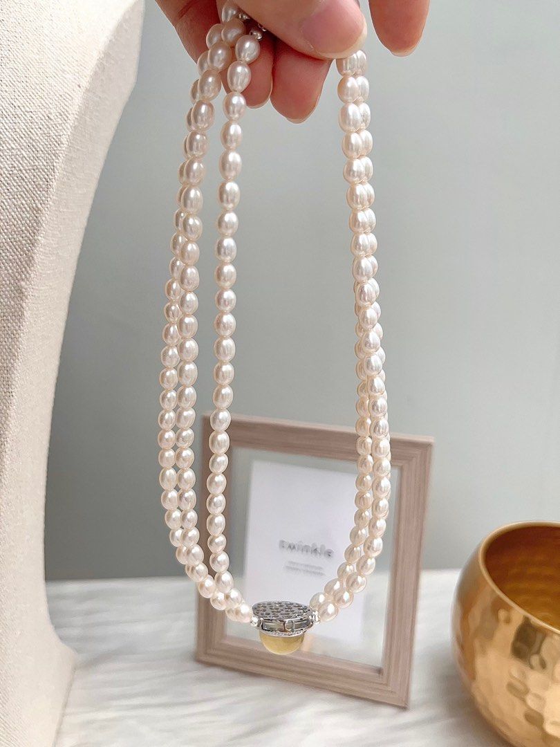 #PN668 Freshwater Pearl Necklace | Yellow Heart| 3-layer| Big Green-Yellow Mica| Lustrous Rice Pearl | Supreme Elegance | Unique