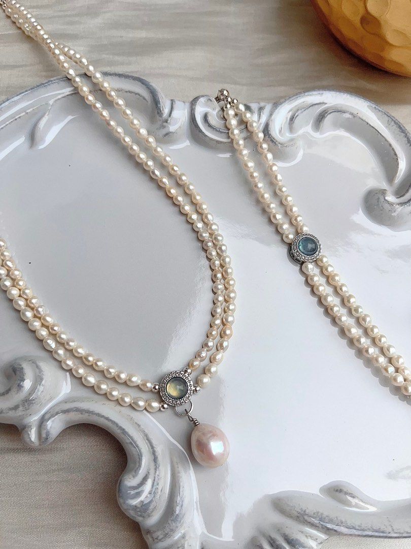 #PN669 Freshwater Pearl Necklace & Bracelet Set | Top Quality Aquamarine | Double Layered | Lustrous Pendant | Baby Baroque Pearl | Genuine Design