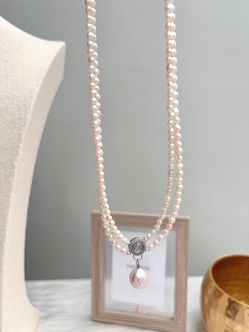 #PN669 Freshwater Pearl Necklace & Bracelet Set | Top Quality Aquamarine | Double Layered | Lustrous Pendant | Baby Baroque Pearl | Genuine Design