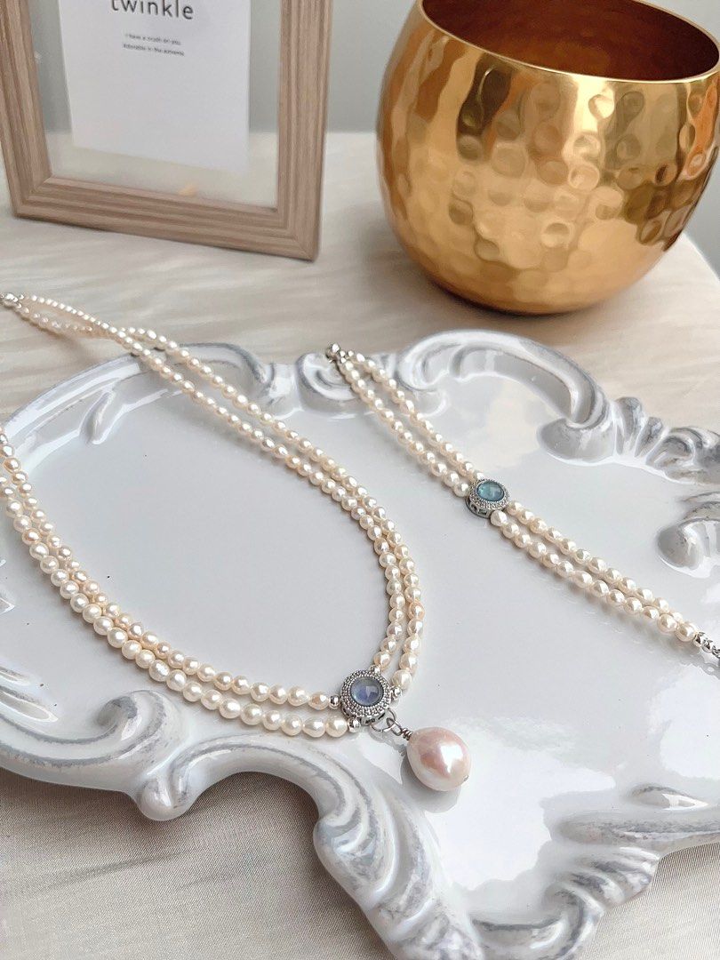 #PN669 Freshwater Pearl Necklace & Bracelet Set | Top Quality Aquamarine | Double Layered | Lustrous Pendant | Baby Baroque Pearl | Genuine Design