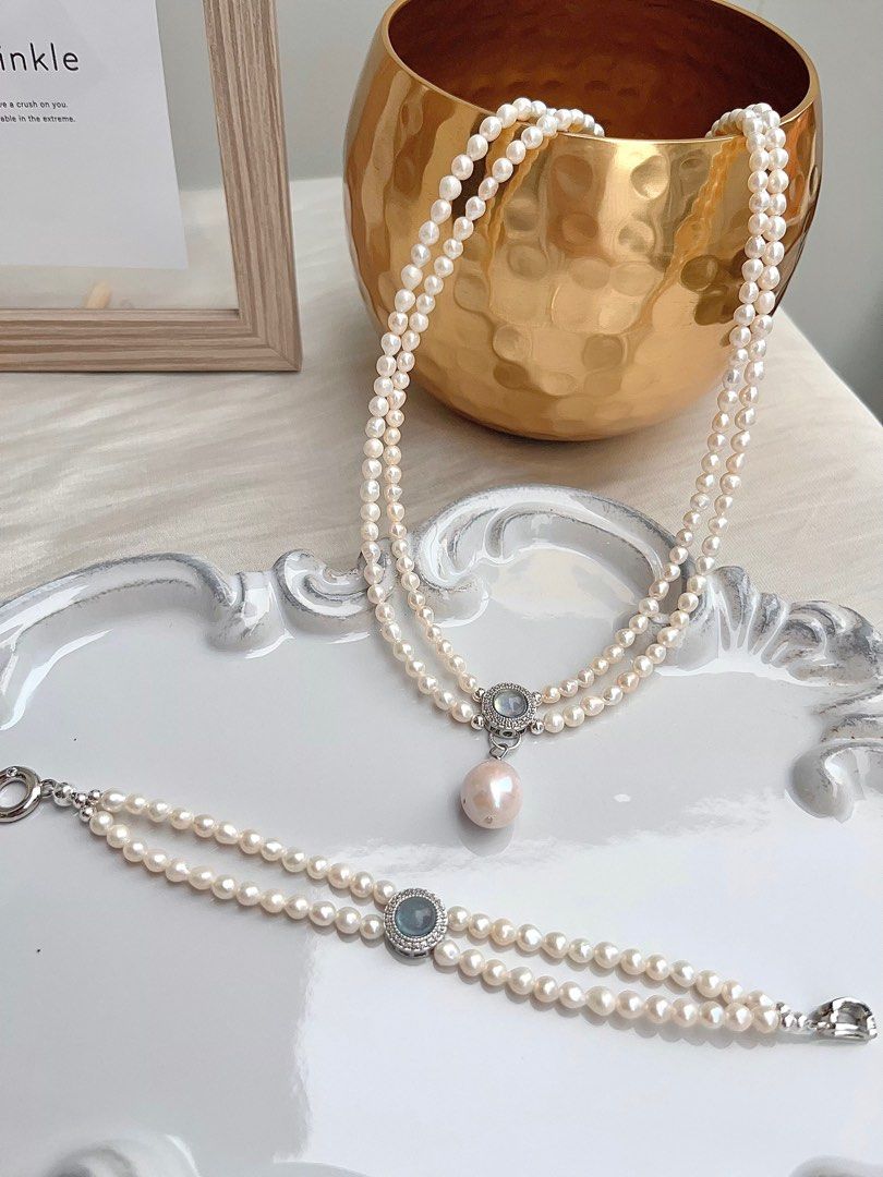 #PN669 Freshwater Pearl Necklace & Bracelet Set | Top Quality Aquamarine | Double Layered | Lustrous Pendant | Baby Baroque Pearl | Genuine Design