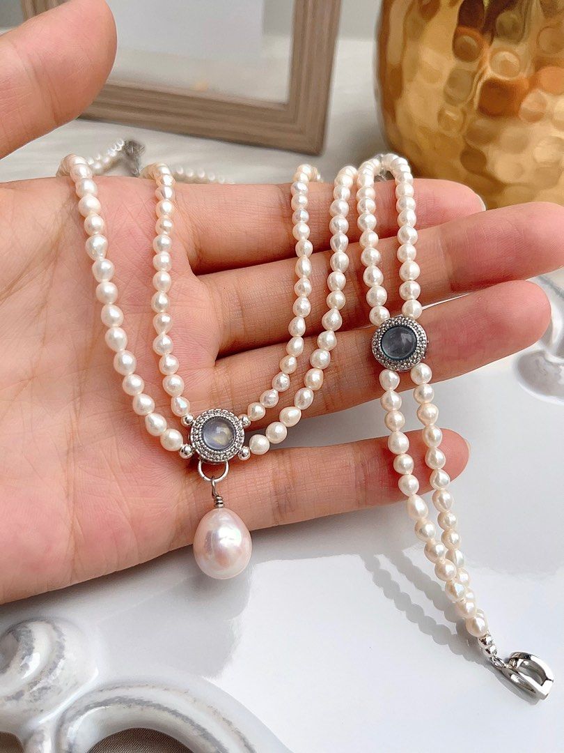 #PN669 Freshwater Pearl Necklace & Bracelet Set | Top Quality Aquamarine | Double Layered | Lustrous Pendant | Baby Baroque Pearl | Genuine Design