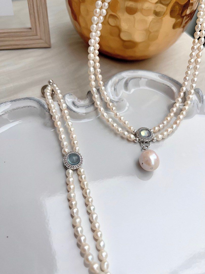 #PN669 Freshwater Pearl Necklace & Bracelet Set | Top Quality Aquamarine | Double Layered | Lustrous Pendant | Baby Baroque Pearl | Genuine Design