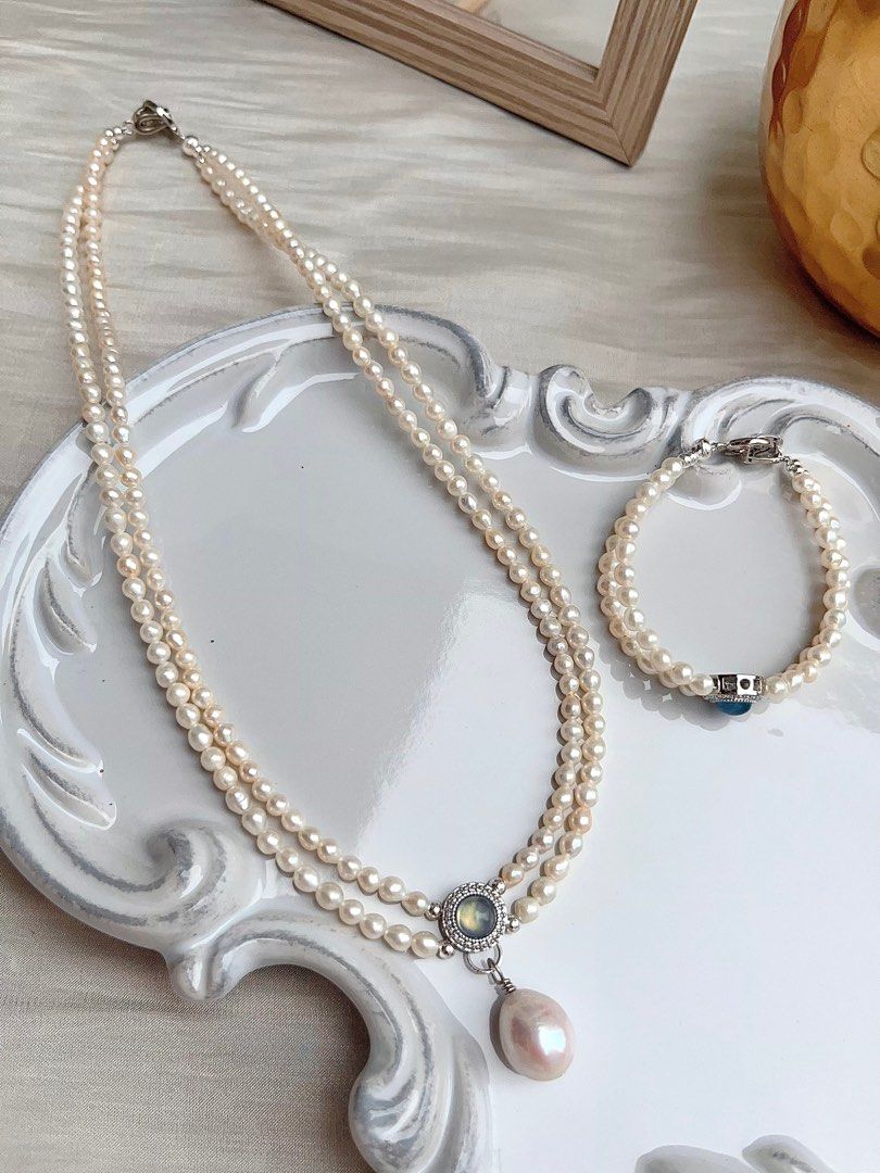 #PN669 Freshwater Pearl Necklace & Bracelet Set | Top Quality Aquamarine | Double Layered | Lustrous Pendant | Baby Baroque Pearl | Genuine Design